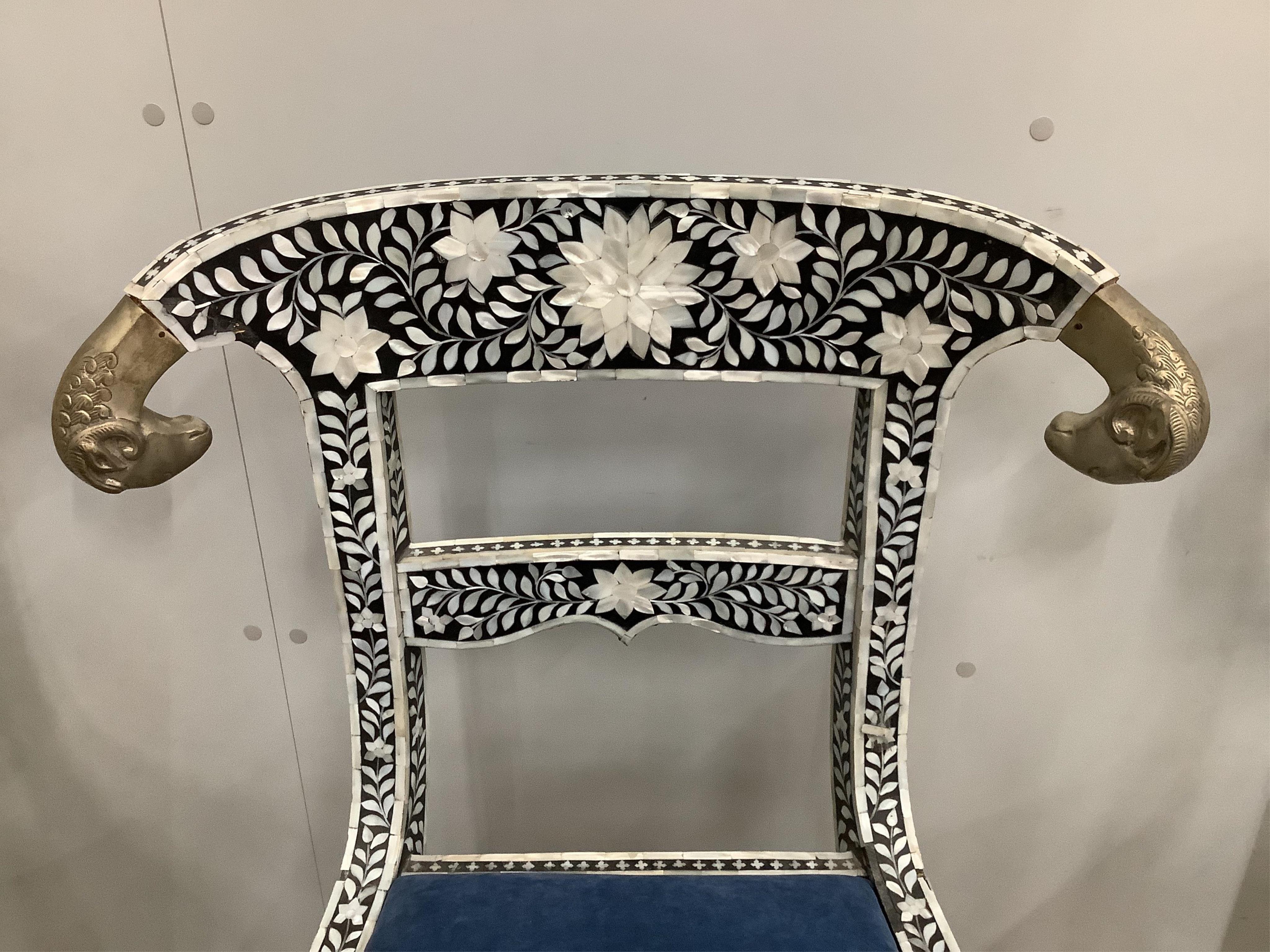 Two pairs of Indian bone, or mother of pearl, overlaid dining chairs, width 62cm, depth 44cm, height 90cm. Condition - good